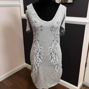 y2k gray angel rhinestone graphic cutout sleeve mini dress medium
